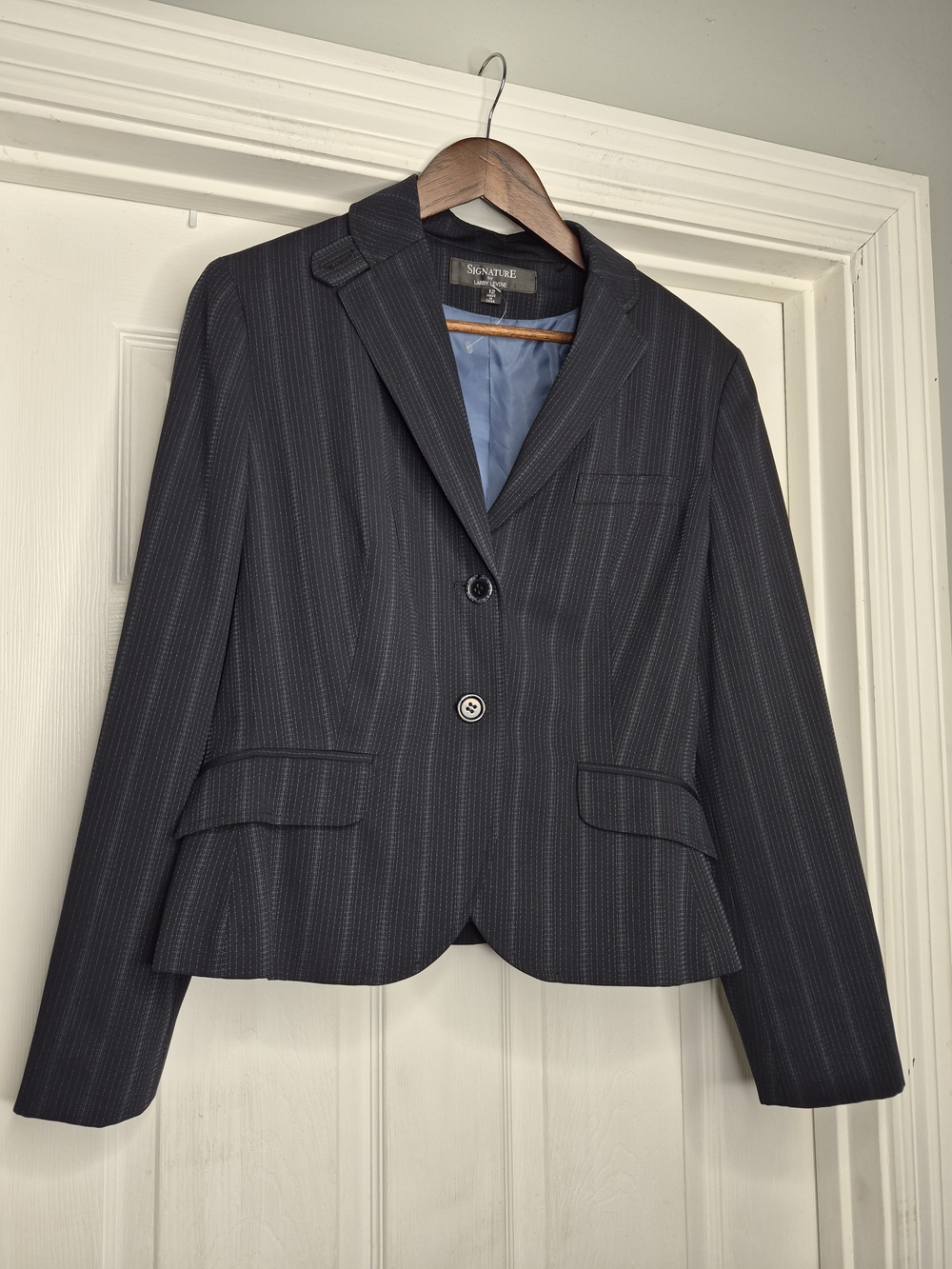 Signature By Larry Levine Women's Navy Pinstripe Blazer Jacket Size 12